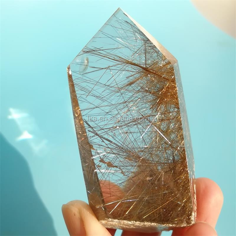 Natural Vogel Style Clear Quartz Crystal 6 Sided Wand Point Golden Hair Rutilated Quartz For Sale