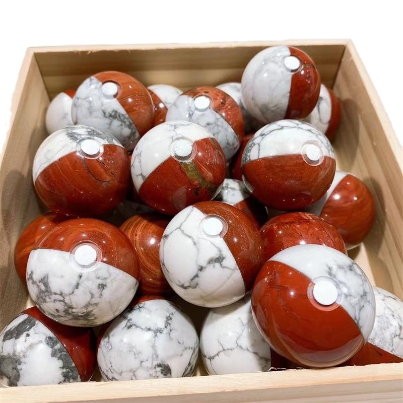 Natural Stone Carved Red Jasper Howlite Crystal Pocket Monster PokeBall Carvings Sphere For Home Decoration