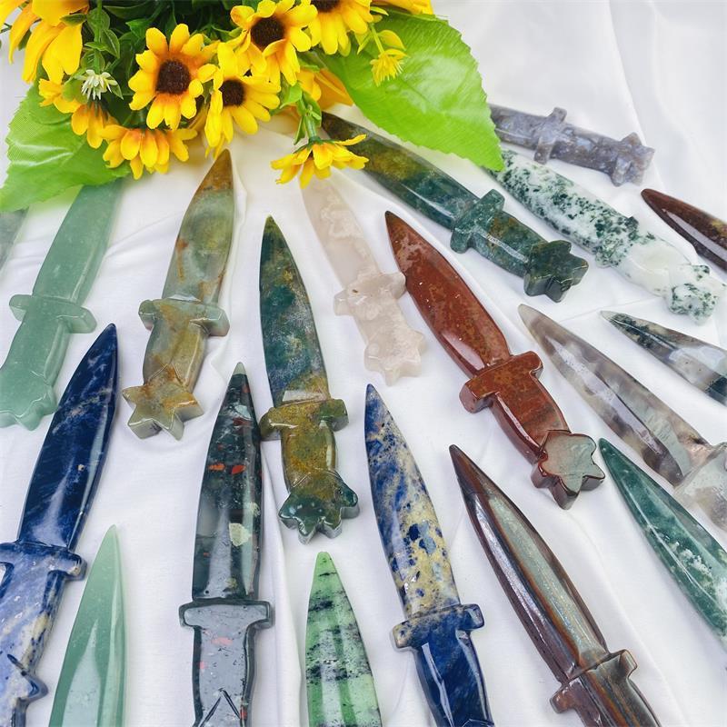 Wholesale natural crystal dagger ocean jasper bloodstone sword sodalite green aventurine dagger for decoration