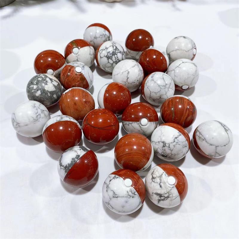 Natural Stone Carved Red Jasper Howlite Crystal Pocket Monster PokeBall Carvings Sphere For Home Decoration