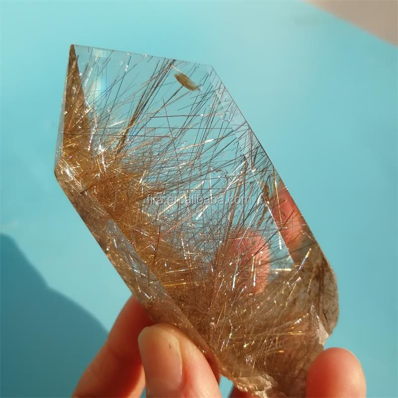 Natural Vogel Style Clear Quartz Crystal 6 Sided Wand Point Golden Hair Rutilated Quartz For Sale