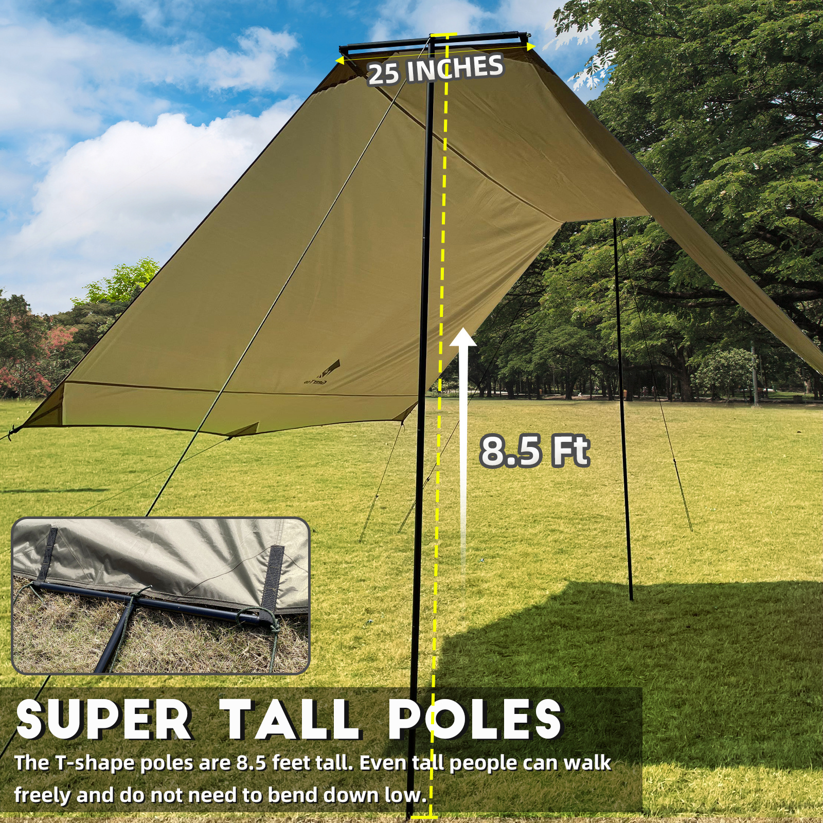 Camping Tarp with Pole Lightweight Waterproof Hammock Rainfly Anti-UV Waterproof Outdoor Tent