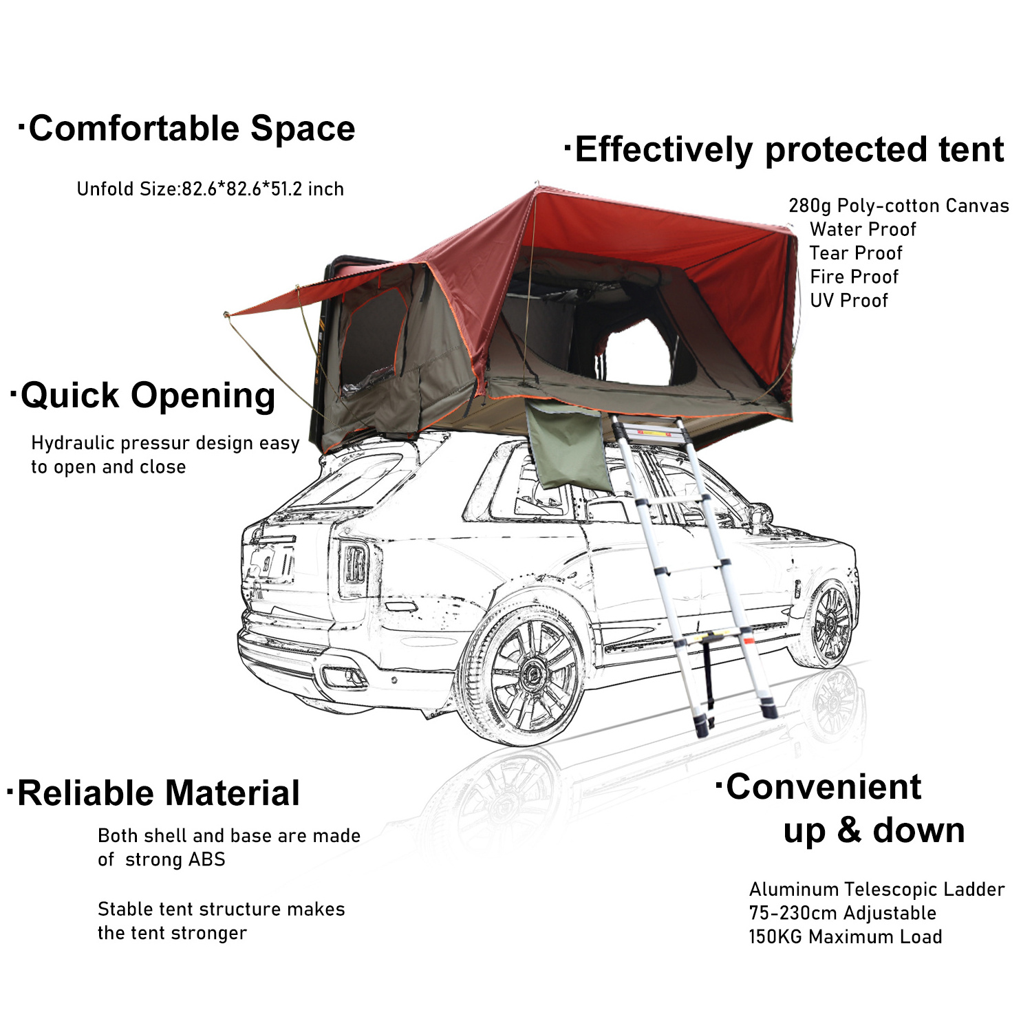 King size 4 Person Double Lined Clam Shell Camping Roof Top Tent 4X4 Aluminium Hard Shell Rooftop Tent