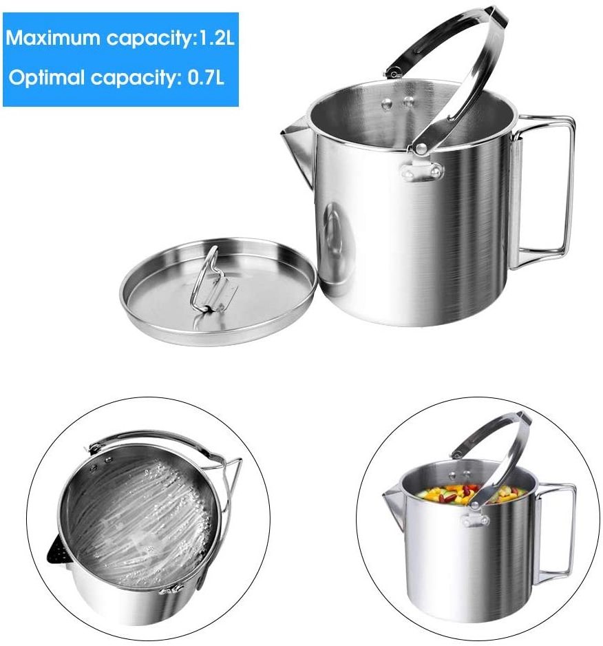 1.2L Foldable Handle Hiking Pot Stainless Steel Camping Coffee Kettle for Camping Picnic