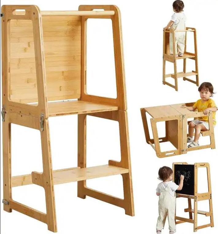 Kids Step Stool Standing Folding Learning Tower Adjustable Wooden Kitchen Helper Tower For Toddlers Learning With Toys