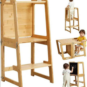 High quality Multi-functional wooden step stool Bamboo Adjustable Height Toddler Standing Tower with Non-slip Stepping Surface