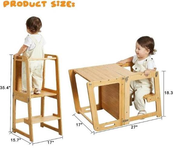 Kids Step Stool Standing Folding Learning Tower Adjustable Wooden Kitchen Helper Tower For Toddlers Learning With Toys