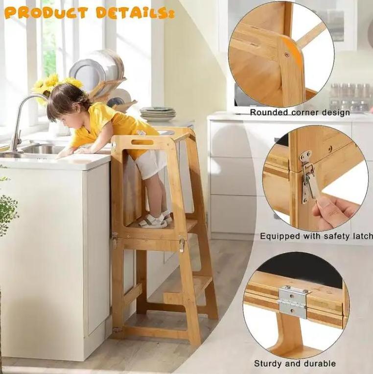 High quality Multi-functional wooden step stool Bamboo Adjustable Height Toddler Standing Tower with Non-slip Stepping Surface