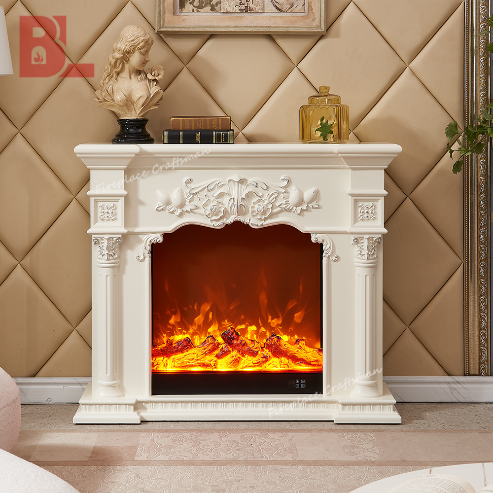 Custom White Carved Mantel Surround Electric Fireplace With Fireplace Border Wood Fireplace Mantels