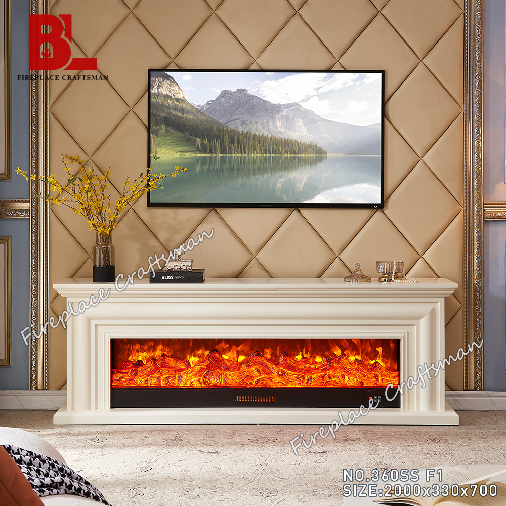 Farmhouse large modern led light flame electric fireplace insert with solid wood tv stand console table