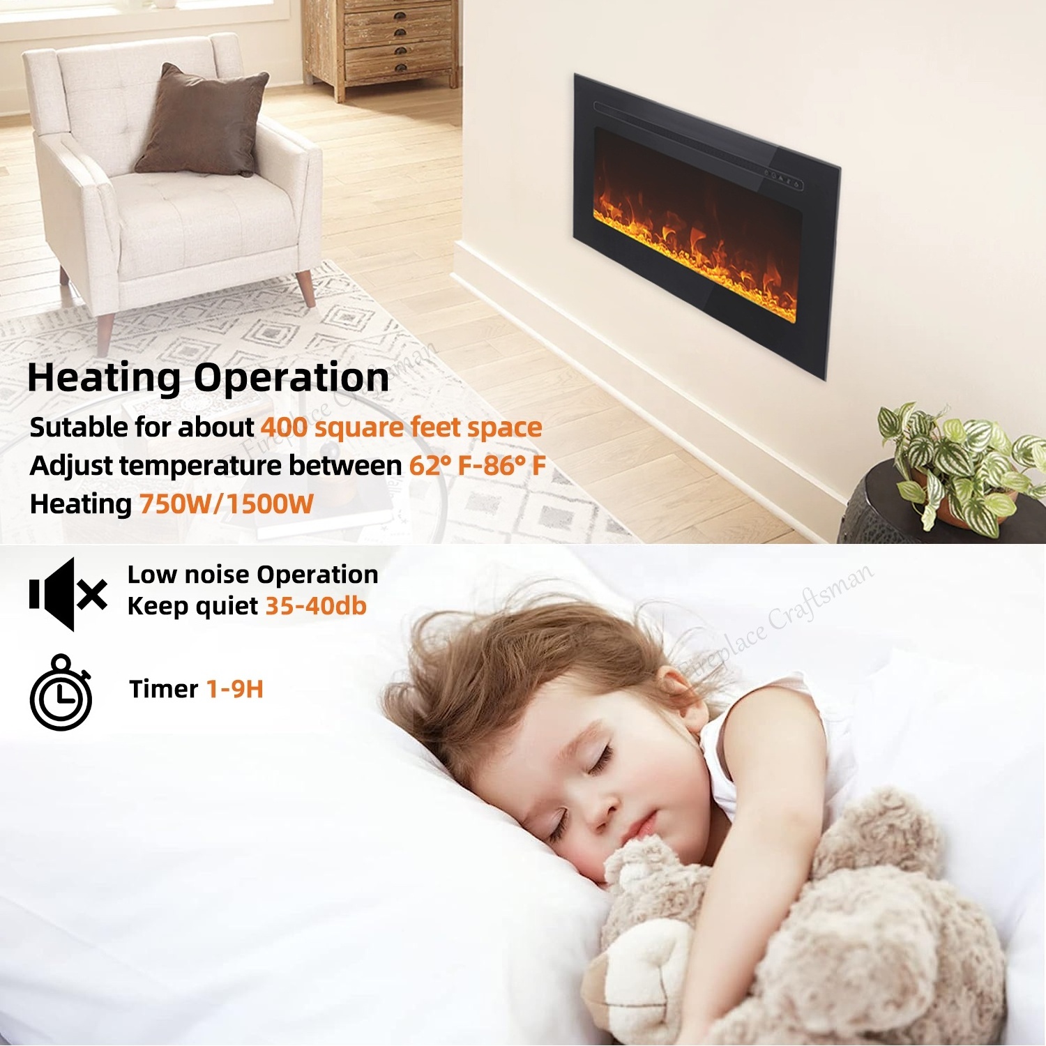 Modern Indoor Decorative Led Electric Fireplace Insert Heater Living Room Wall Mounted Electric Fireplaces