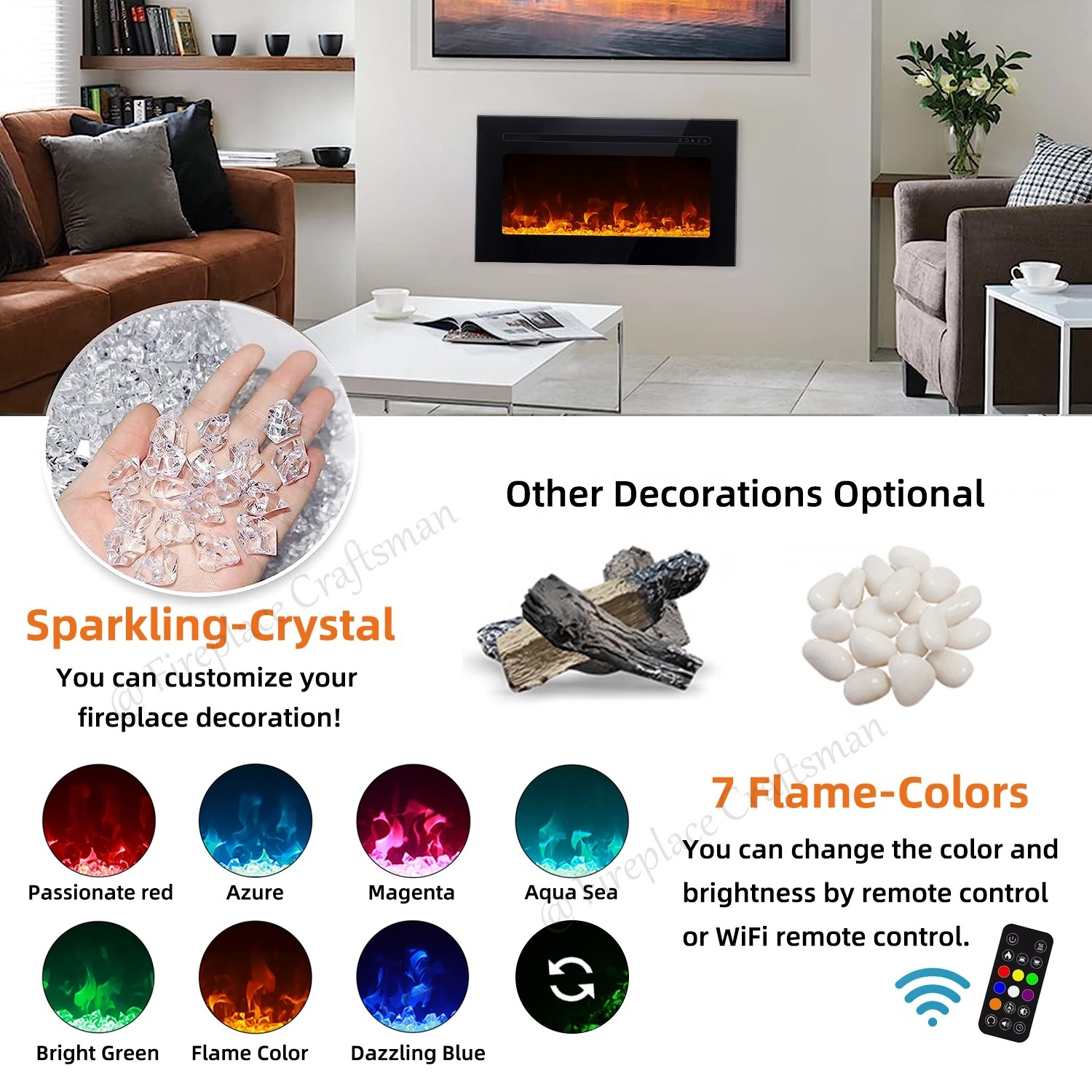 Modern Indoor Decorative Led Electric Fireplace Insert Heater Living Room Wall Mounted Electric Fireplaces