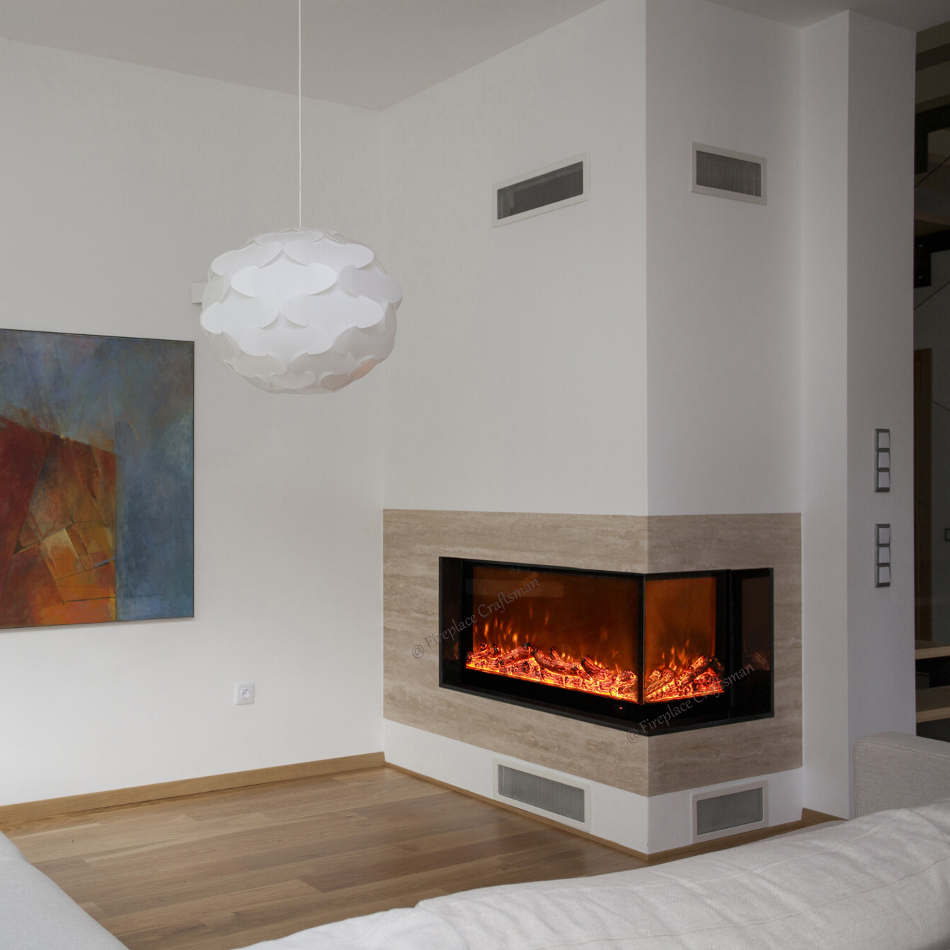 3D Modern Wall Recessed 2 Sided Glass Led Simulation Flame Indoor Decorative L-Shaped Corner Electric Fireplace