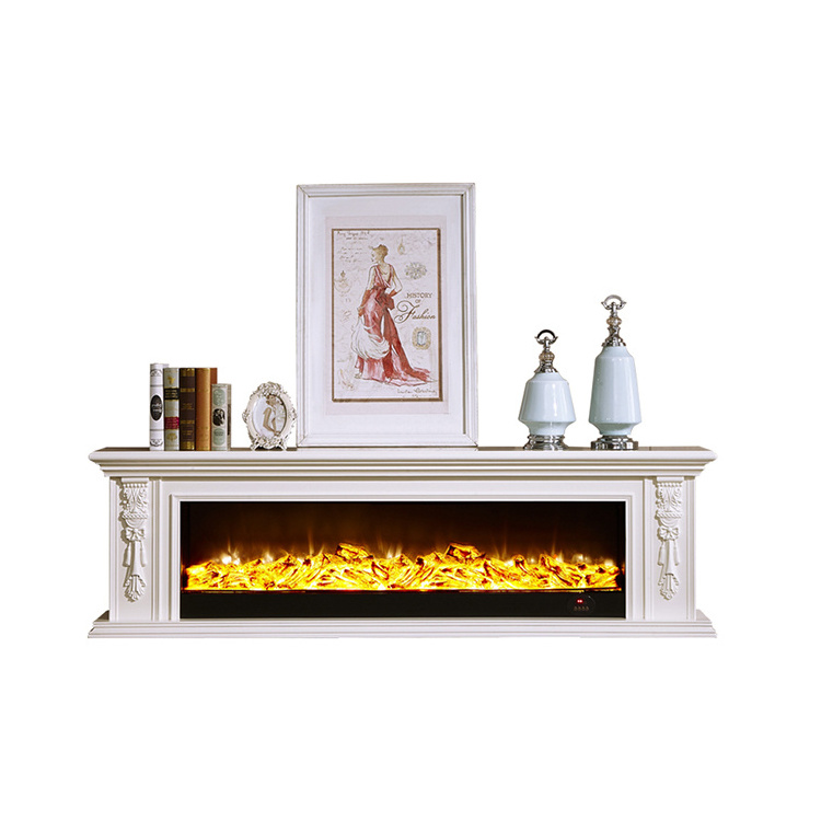 8104SS Ivory White Customizable Home Freestanding Hand Carved Decorative Heating TV Cabinet Fireplace Simulated Flame Fireplace