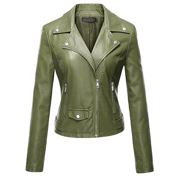 Wholesale Genuine Sheep skin green color dyed Leather Jackets best Style Fashion Leather Jackets for Women silver zipper