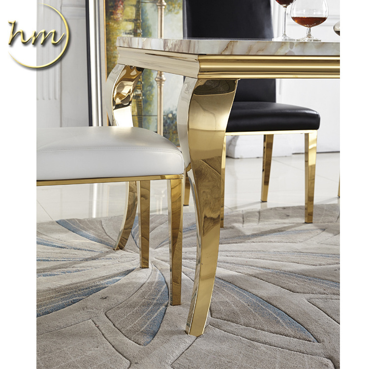 Upscale stainless steel dining table with marble glass top for hotel