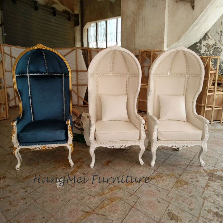 French Reproduction Antique White Upholstered Birdcage Canopy Chair