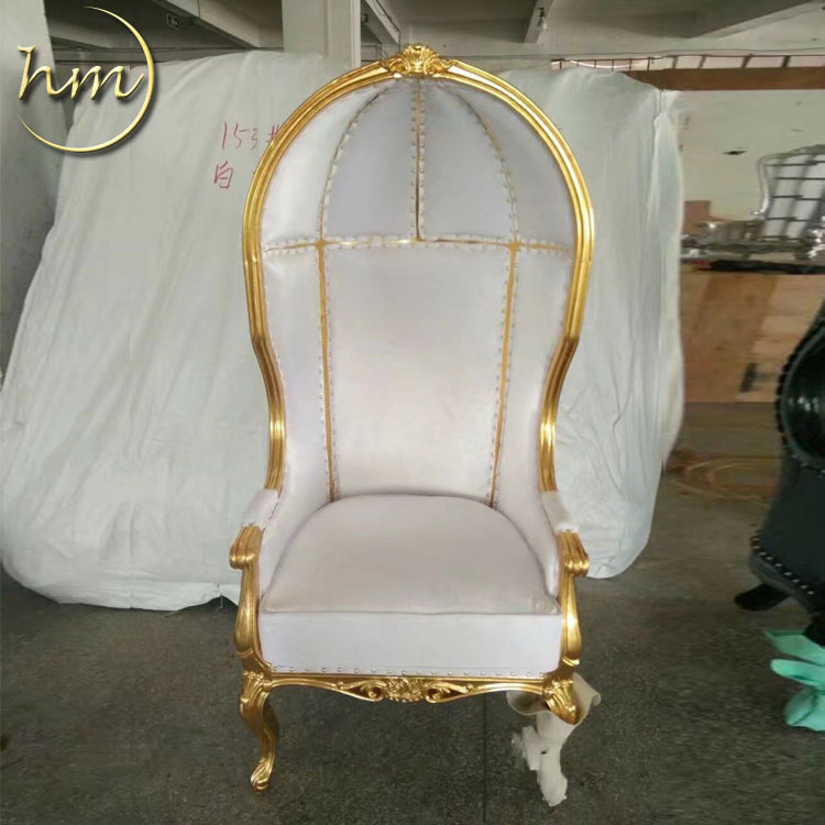 French Reproduction Antique White Upholstered Birdcage Canopy Chair