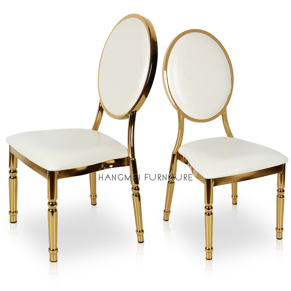 Hotel Furniture Gold plating White Leather Wedding Dining Chair Stackable Event Banquet Chair