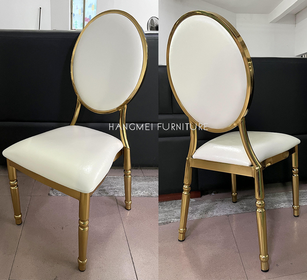 Hotel Furniture Gold plating White Leather Wedding Dining Chair Stackable Event Banquet Chair