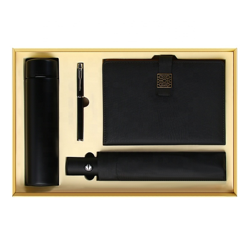 Custom Logo Business Diary Gift Set with Smart LED Vacuum Metal Pen Corporate Christmas Gift Including Automatic Umbrella