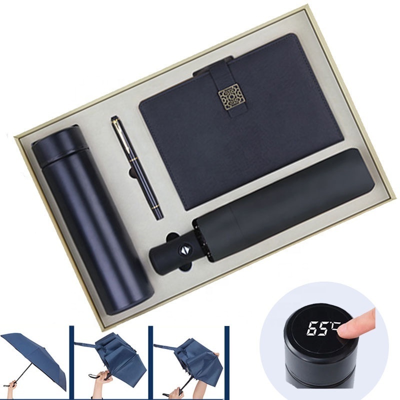 Custom Logo Business Diary Gift Set with Smart LED Vacuum Metal Pen Corporate Christmas Gift Including Automatic Umbrella