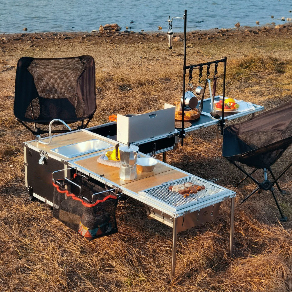 Portable Outdoor Picnic Table Fully Equipped Camping Folding Lightweight Aluminum Mobile Kitchen