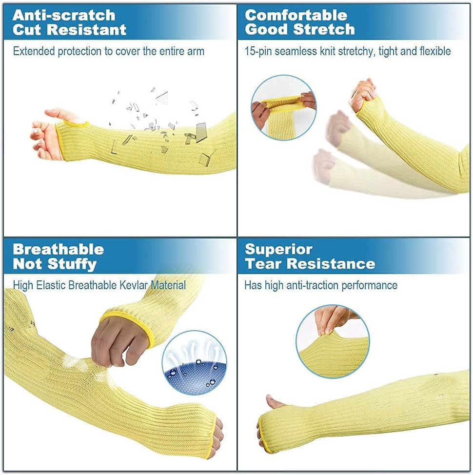 FIRST FIBER Kevlar Arm Protection Sleeves 18-Inch Long 9-14 Inch Thumb Hole Heat Resistant Cut Safety Guide Mechanics Yellow