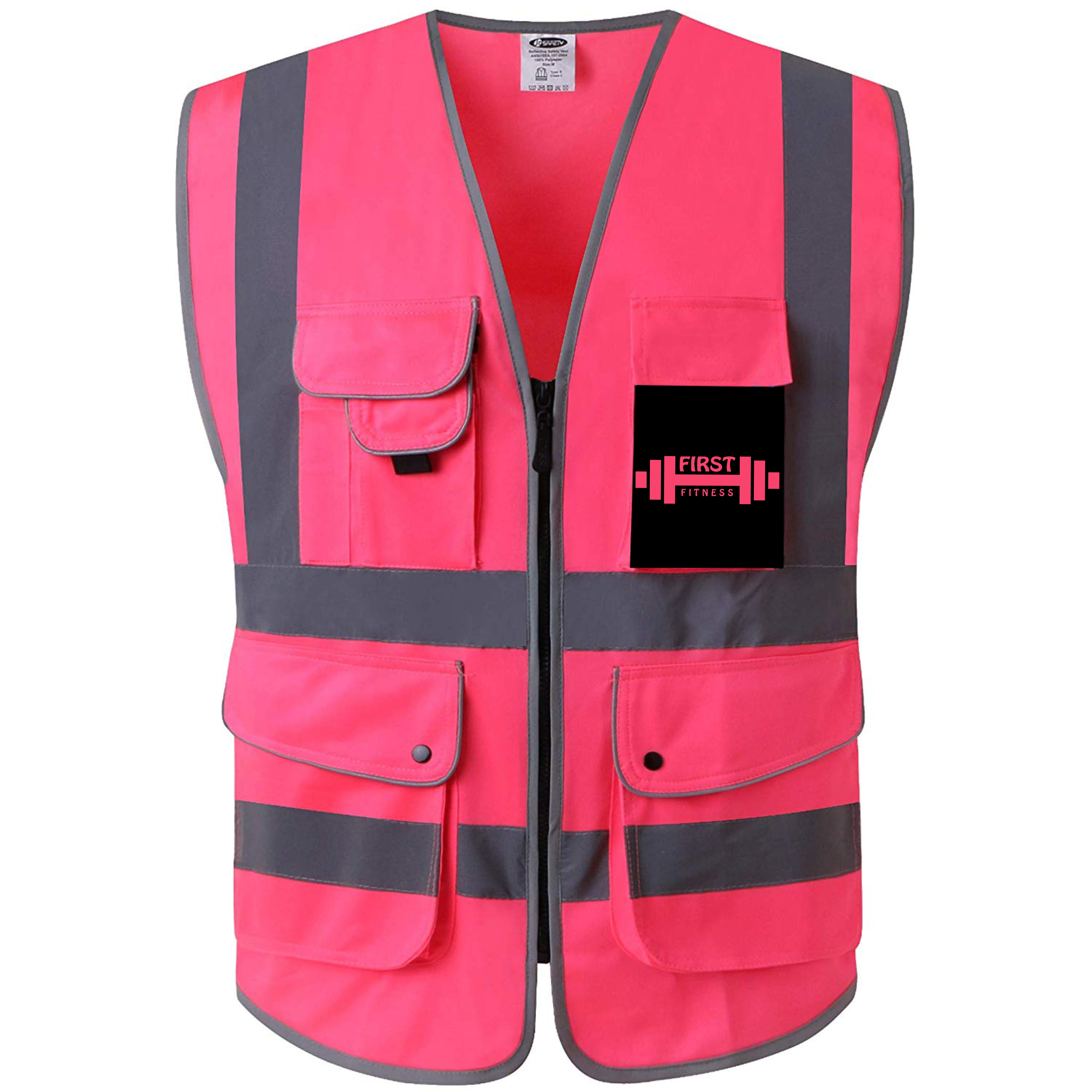 Safety 6 Pockets High Visibility Zipper Front Safety Vest With Reflective Strips, (Medium, Pink)