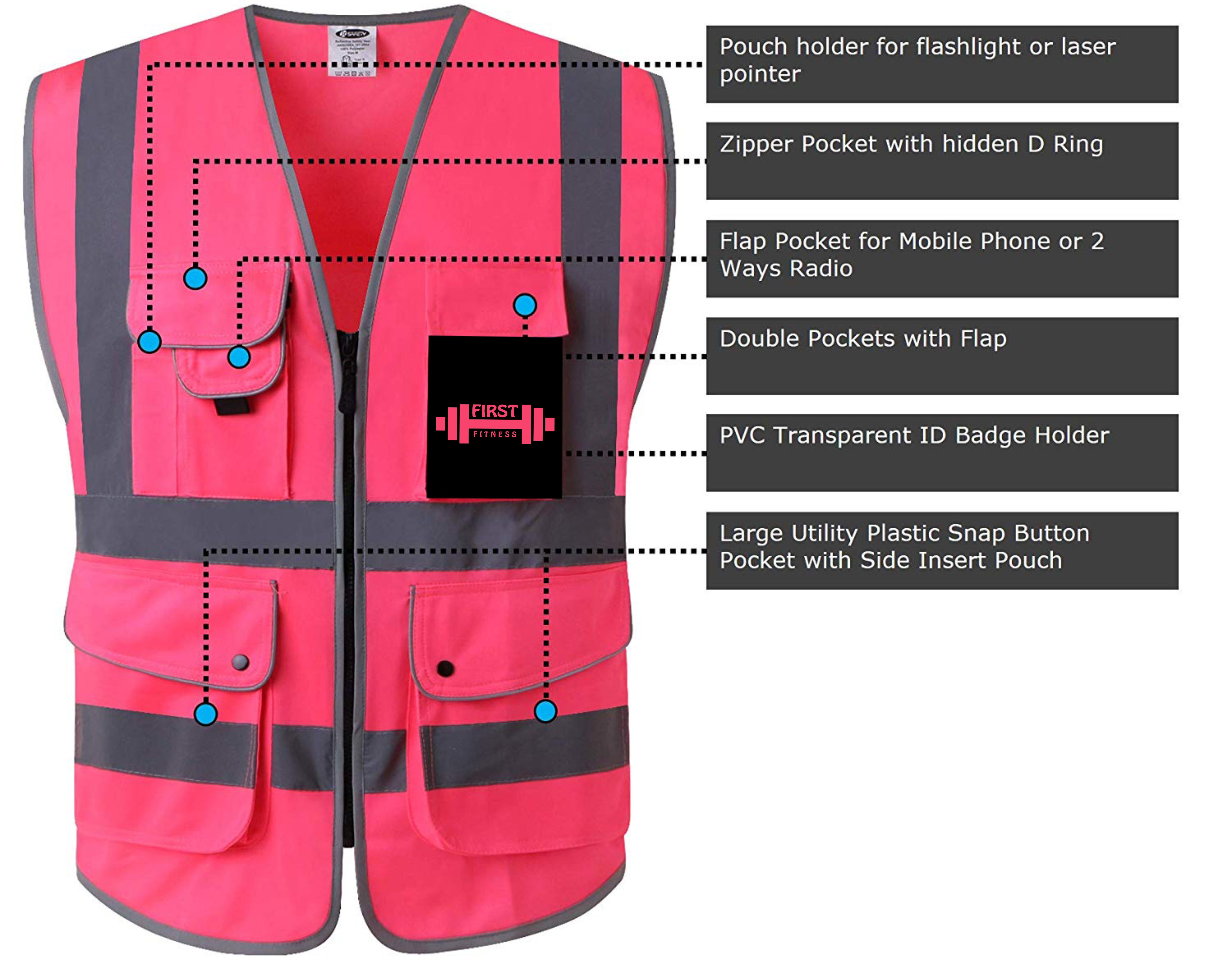 Safety 6 Pockets High Visibility Zipper Front Safety Vest With Reflective Strips, (Medium, Pink)