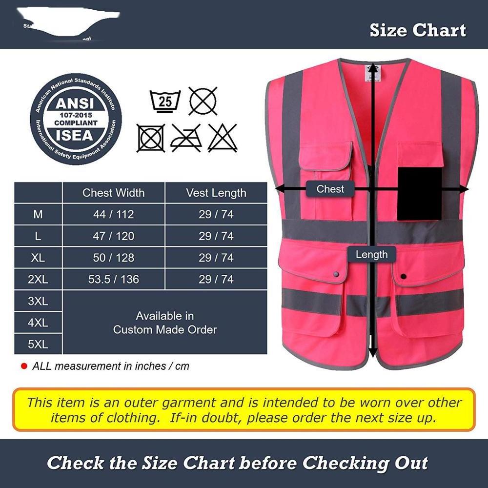 Safety 6 Pockets High Visibility Zipper Front Safety Vest With Reflective Strips, (Medium, Pink)