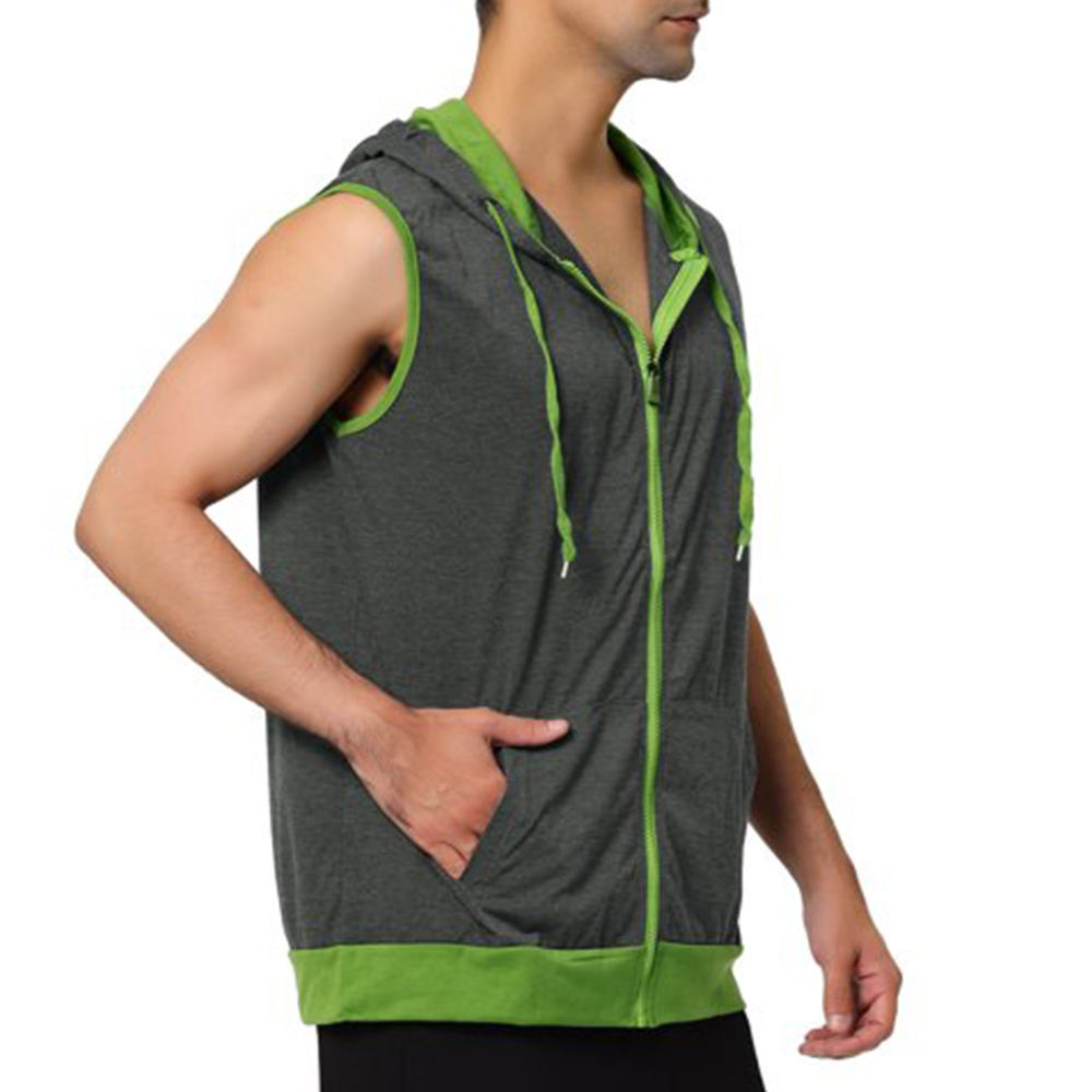 Wholesale Sleeve 100% Cotton Plain Logo Custom Gym Sleeveless Hoodie 2 side Pocket zipper up Hoodies