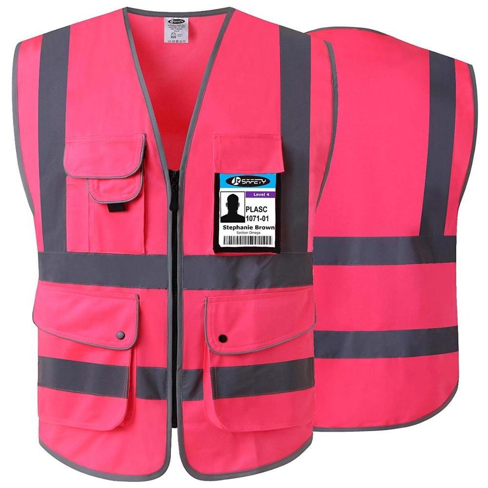 Safety 6 Pockets High Visibility Zipper Front Safety Vest With Reflective Strips, (Medium, Pink)