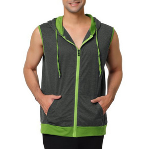 Wholesale Sleeve 100% Cotton Plain Logo Custom Gym Sleeveless Hoodie 2 side Pocket zipper up Hoodies