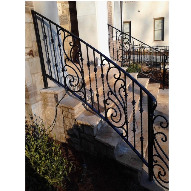 Modern front porch black wrought iron straight stair railings for outdoor steps