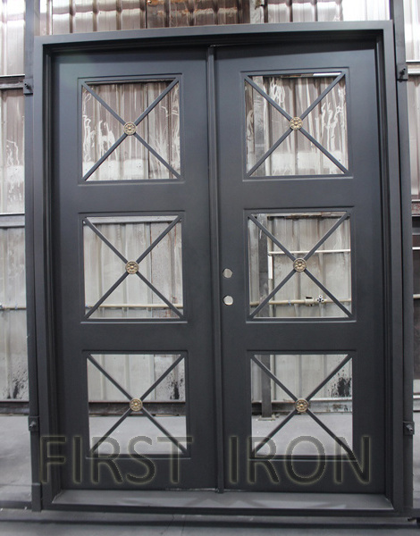 French open strong iron sheet square glass wrought iron entrance doors