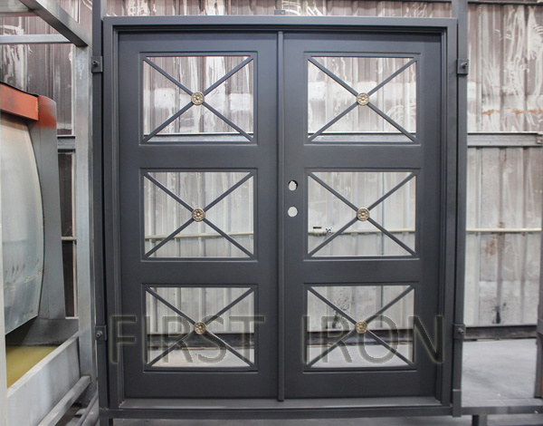 French open strong iron sheet square glass wrought iron entrance doors