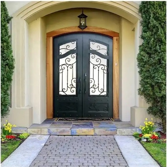 European villa standard entry double swing wrought iron exterior door