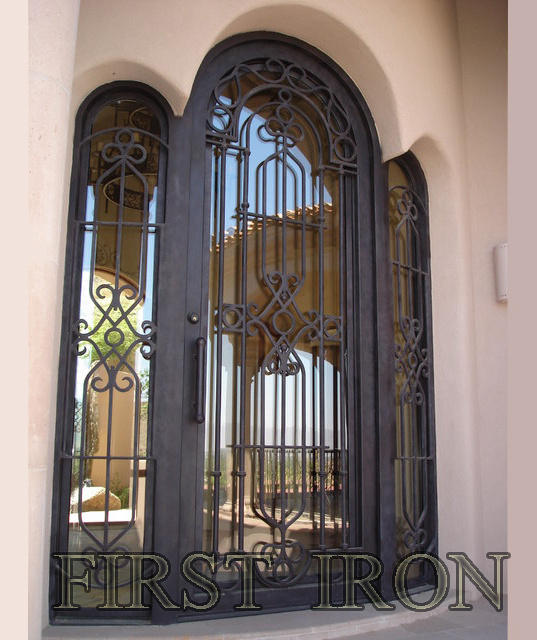 Classic wrought iron single entry door design, forged Low E wrought iron door with operable glass windows