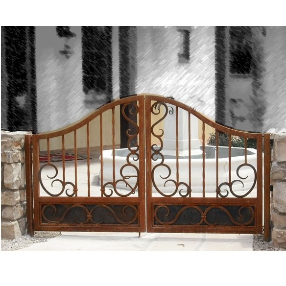 Courtyard small iron gate designs, double walk through wrought iron gate