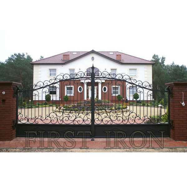 Elegent hand forged iron main gate for villas simple iron pipe gate design