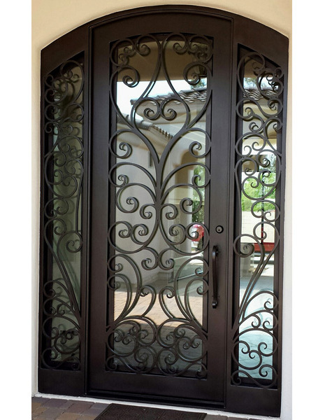 Classic wrought iron single entry door design, forged Low E wrought iron door with operable glass windows