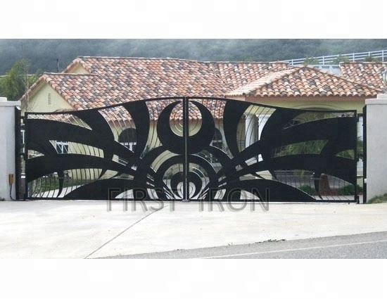 Artistic oversize laser cutting wrought iron gates, forged double swing iron driveway gate