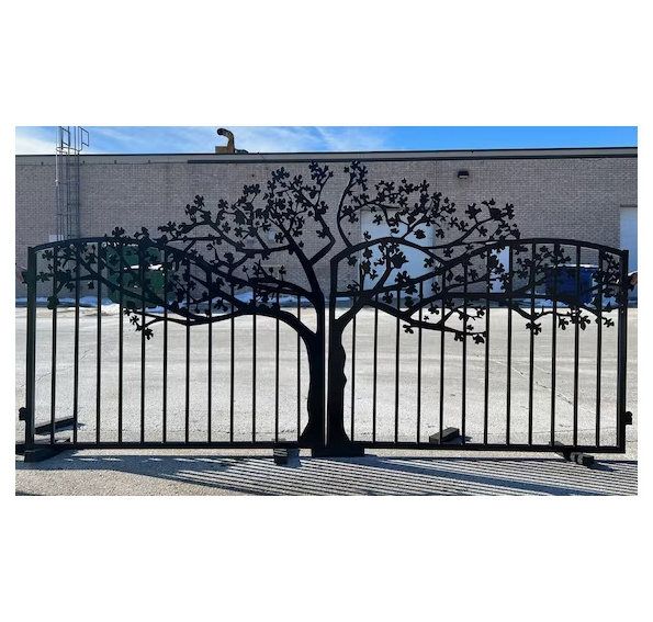 Double swing electric wrought iron driveway gate, iron gate laser cut tree design for driveway entrance