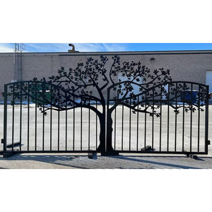 Double swing electric wrought iron driveway gate, iron gate laser cut tree design for driveway entrance