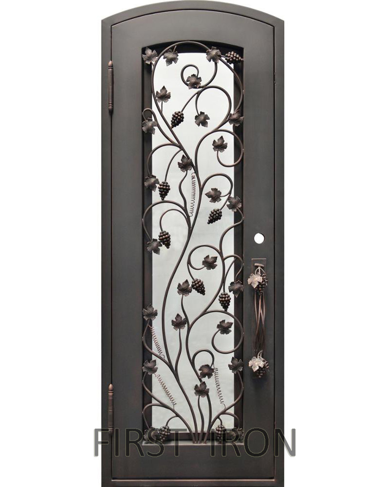 Decorative interior vine cellar door, single eyebrow forged iron door