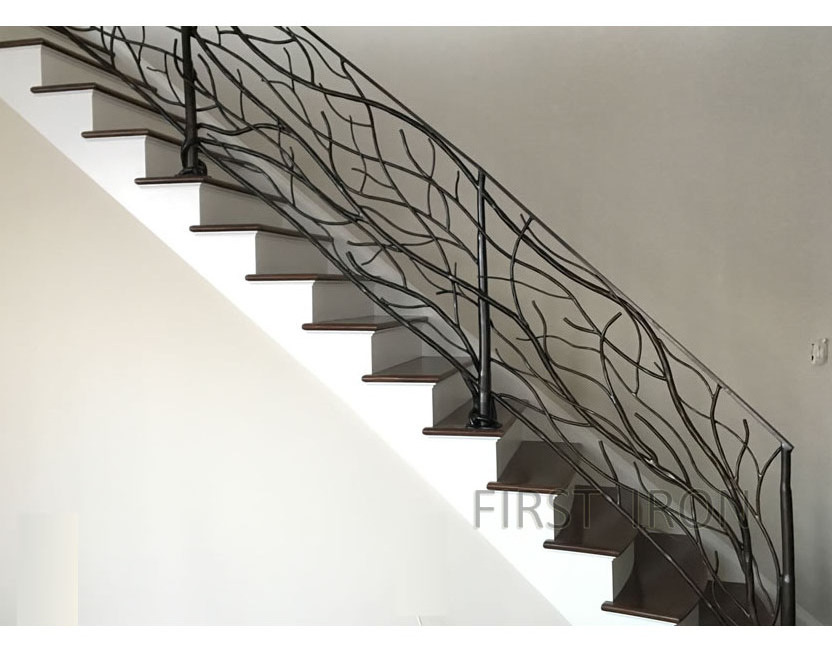 Modern front porch black wrought iron straight stair railings for outdoor steps