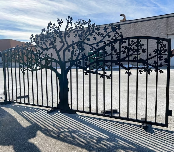 Double swing electric wrought iron driveway gate, iron gate laser cut tree design for driveway entrance