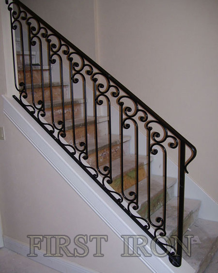 Modern front porch black wrought iron straight stair railings for outdoor steps