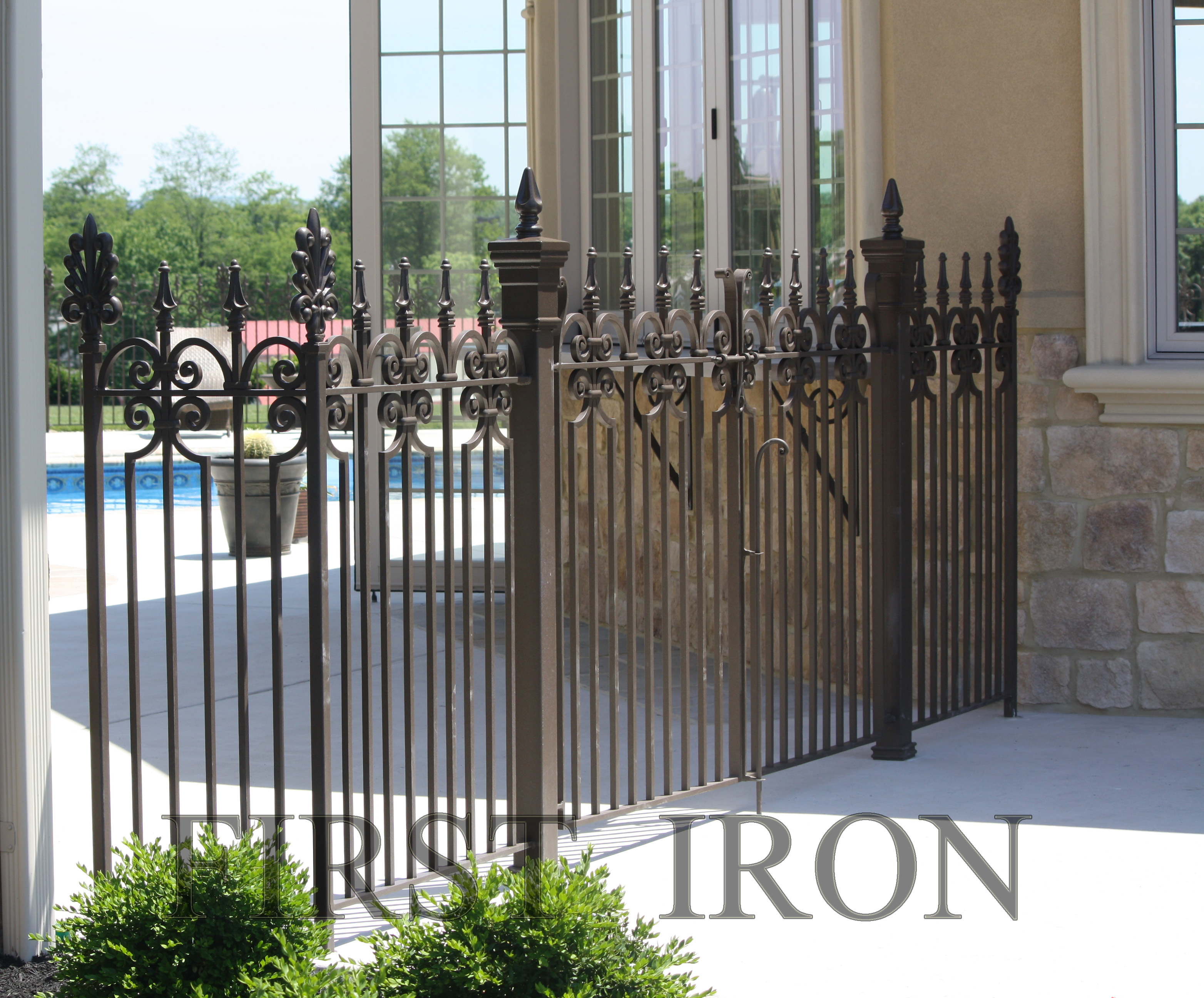 Courtyard small iron gate designs, double walk through wrought iron gate